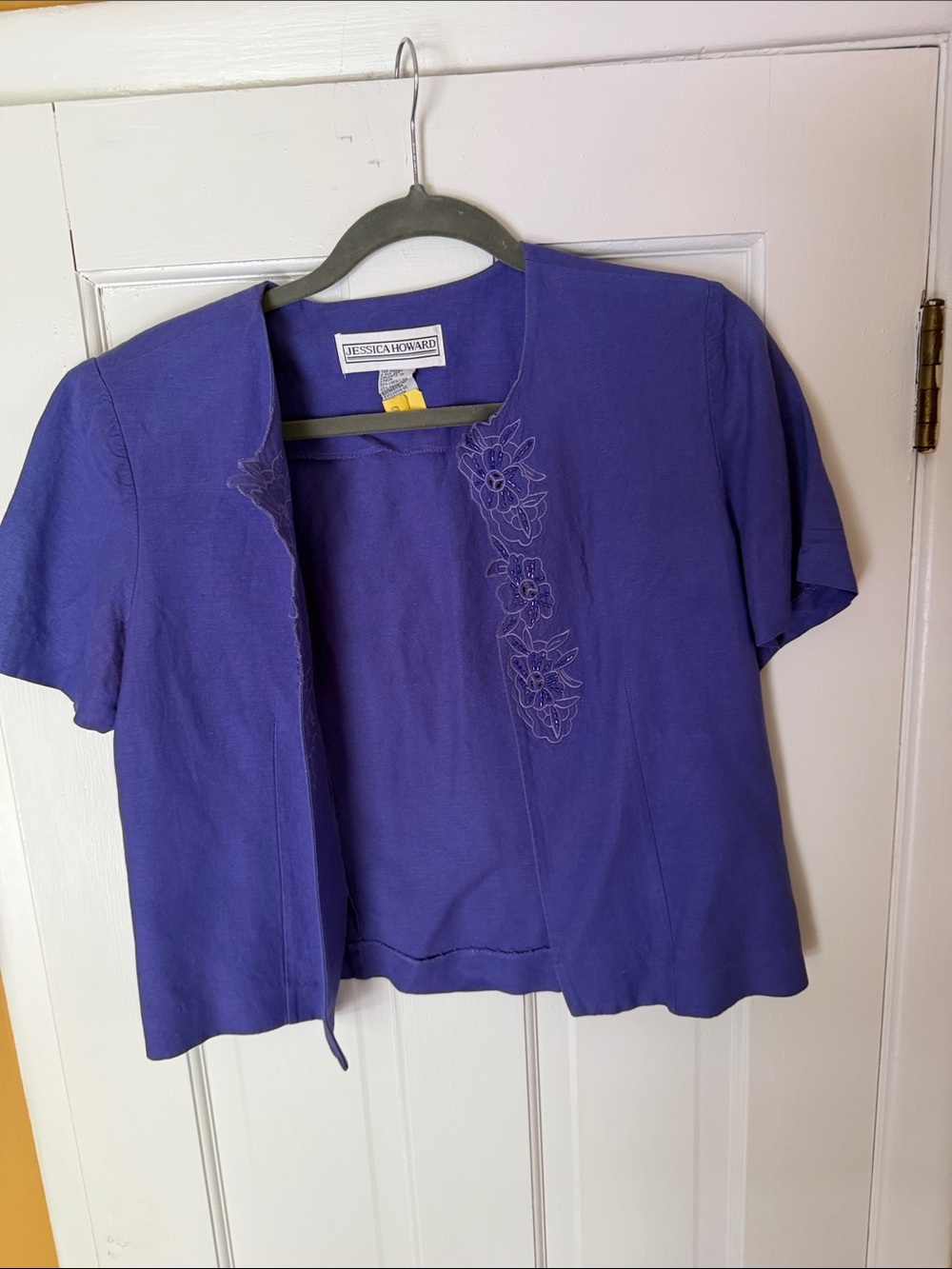 Jessica Howard Purple Open Front Jacket Embroidered Short Sleeve Blazer Size 8